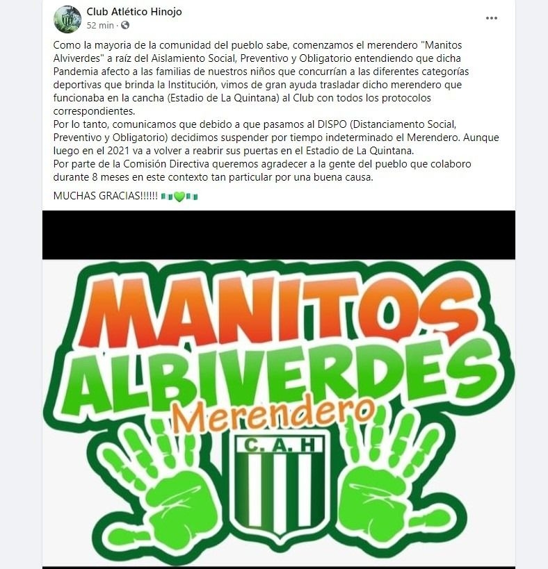 El merendero del Club Hinojo ya no hará más entregas