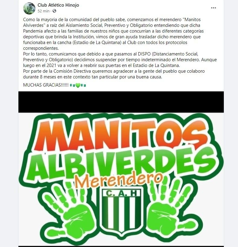 El merendero del Club Hinojo ya no hará más entregas